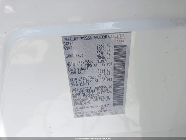 Aukcja sprzedaży 2013 Nissan Pathfinder Platinum, vin: 5N1AR2MN7DC624471, numer aukcji: 45863156