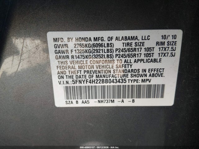 Продажа на аукционе авто 2011 Honda Pilot Lx, vin: 5FNYF4H22BB043435, номер лота: 45863157