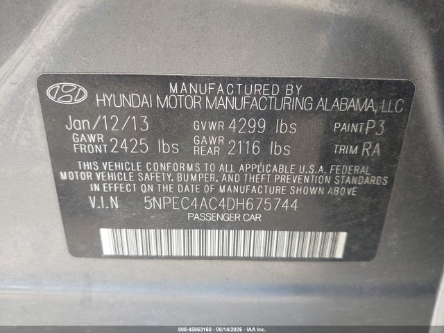 2013 Hyundai Sonata Limited მანქანა იყიდება აუქციონზე, vin: 5NPEC4AC4DH675744, აუქციონის ნომერი: 45863160