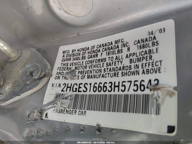 Aukcja sprzedaży 2003 Honda Civic Lx, vin: 2HGES16663H575643, numer aukcji: 45863163