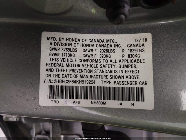 Продаж на аукціоні авто 2019 Honda Civic Lx, vin: 2HGFC2F64KH519254, номер лоту: 45863164
