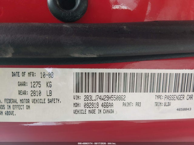 45863174 :رقم المزاد ، 2B3LJ74W29H550862 vin ، 2009 Dodge Challenger Srt8 مزاد بيع
