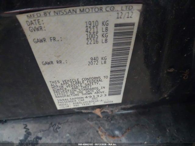 Aukcja sprzedaży 2013 Nissan Altima 2.5 Sv, vin: 1N4AL3AP0DN491323, numer aukcji: 45863182