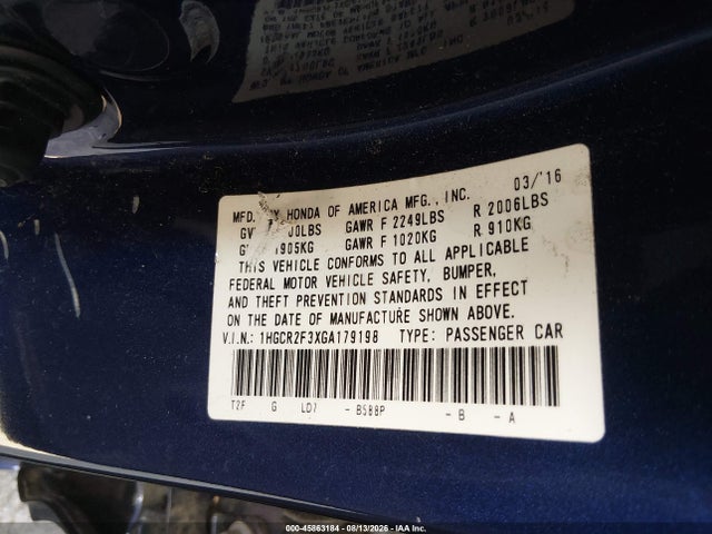 45863184 :رقم المزاد ، 1HGCR2F3XGA179198 vin ، 2016 Honda Accord Lx مزاد بيع