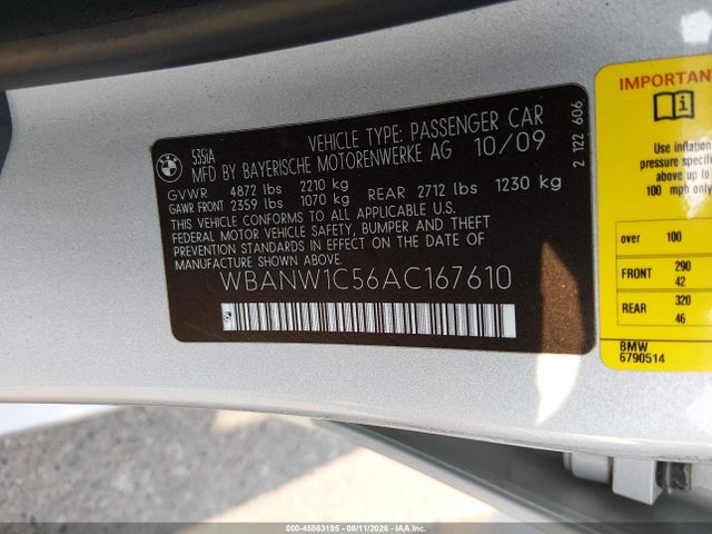 Продаж на аукціоні авто 2010 Bmw 535i, vin: WBANW1C56AC167610, номер лоту: 45863195