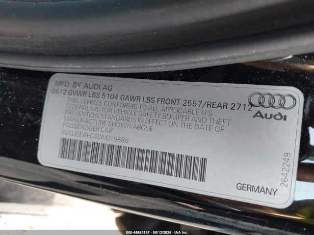 45863197 :رقم المزاد ، WAUGFAFC4DN019886 vin ، 2013 Audi A6 2.0t Premium مزاد بيع