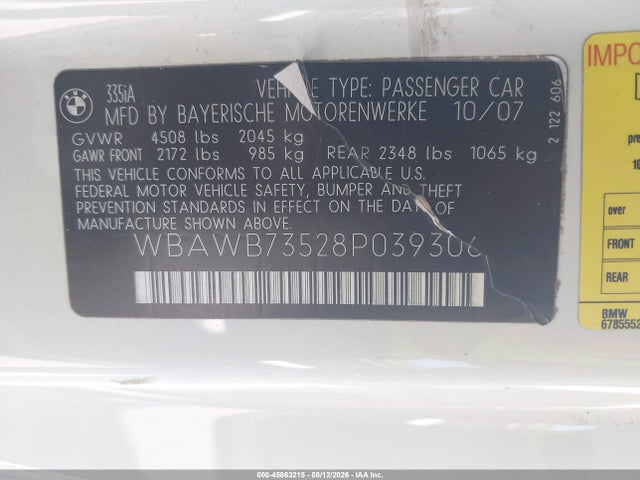 45863215 :رقم المزاد ، WBAWB73528P039306 vin ، 2008 Bmw 335i مزاد بيع