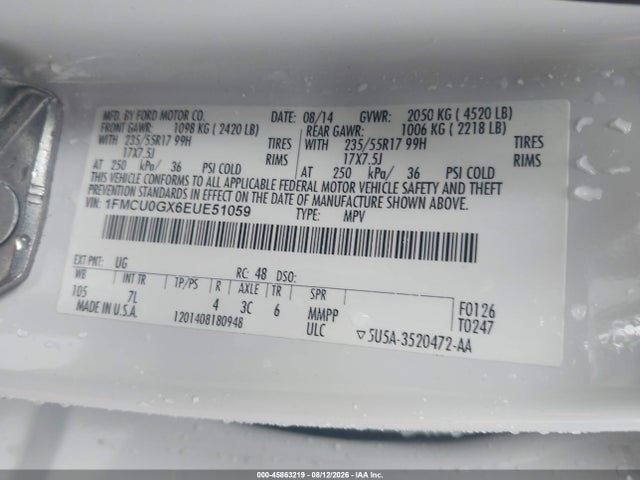 2014 Ford Escape Se მანქანა იყიდება აუქციონზე, vin: 1FMCU0GX6EUE51059, აუქციონის ნომერი: 45863219