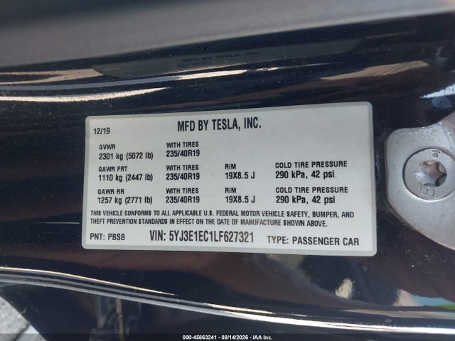 Aukcja sprzedaży 2020 Tesla Model 3 Performance Dual Motor All-wheel Drive, vin: 5YJ3E1EC1LF627321, numer aukcji: 45863241