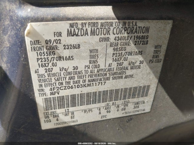 Auction sale of the 2003 Mazda Tribute Es V6, vin: 4F2CZ06103KM11717, lot number: 45863252