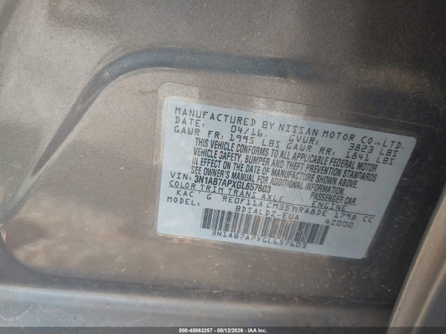 Aukcja sprzedaży 2016 Nissan Sentra Sv, vin: 3N1AB7APXGL657603, numer aukcji: 45863257