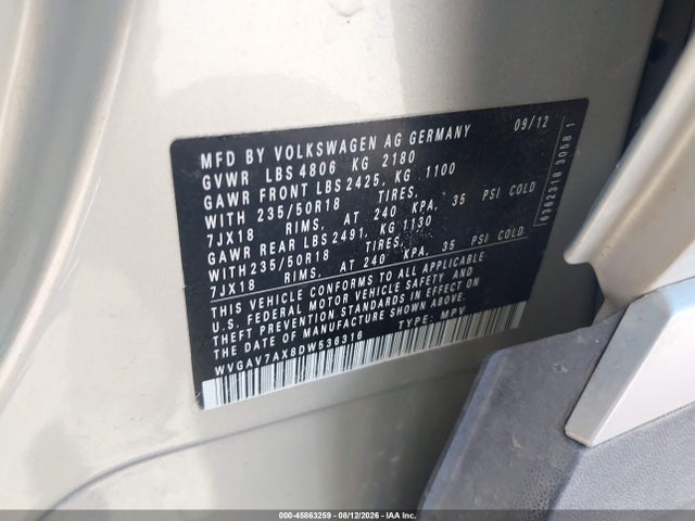 Aukcja sprzedaży 2013 Volkswagen Tiguan Se, vin: WVGAV7AX8DW536316, numer aukcji: 45863259