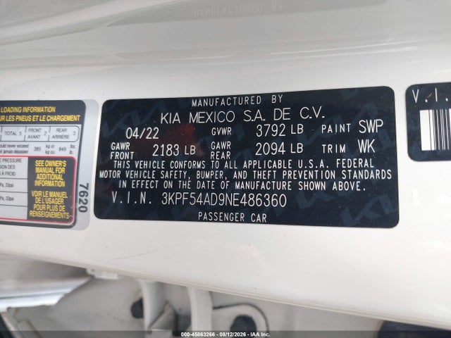 Aukcja sprzedaży 2022 Kia Forte Gt-line, vin: 3KPF54AD9NE486360, numer aukcji: 45863266