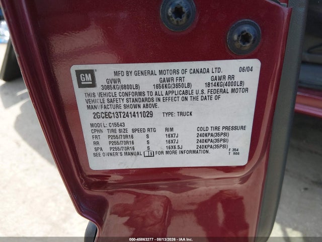 45863277 :رقم المزاد ، 2GCEC13T241411029 vin ، 2004 Chevrolet Silverado 1500 Ls مزاد بيع