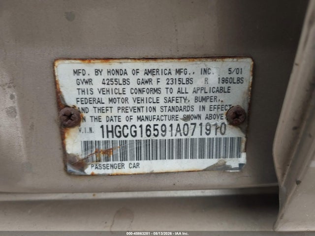 2001 Honda Accord 3.0 Ex მანქანა იყიდება აუქციონზე, vin: 1HGCG16591A071910, აუქციონის ნომერი: 45863281