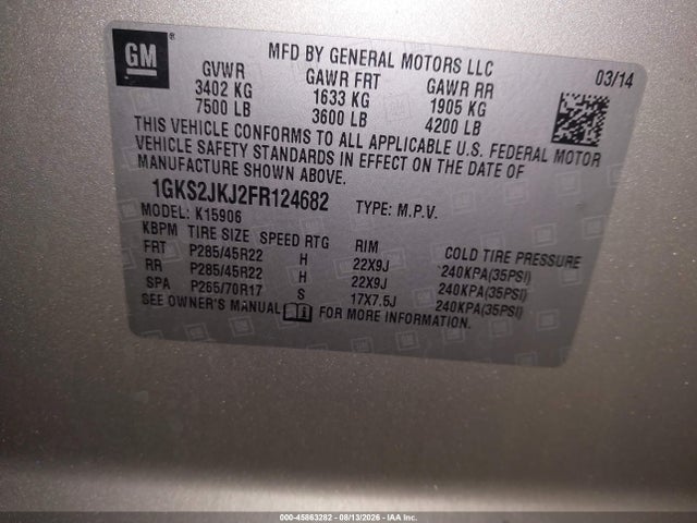 Продажа на аукционе авто 2015 Gmc Yukon Xl 1500 Denali, vin: 1GKS2JKJ2FR124682, номер лота: 45863282