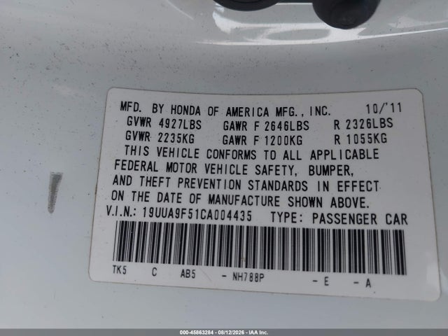 Продажа на аукционе авто 2012 Acura Tl 3.7, vin: 19UUA9F51CA004435, номер лота: 45863284