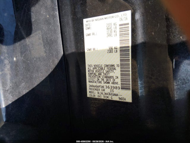 45863290 :رقم المزاد ، 1N4AA6AP5HC363989 vin ، 2017 Nissan Maxima مزاد بيع