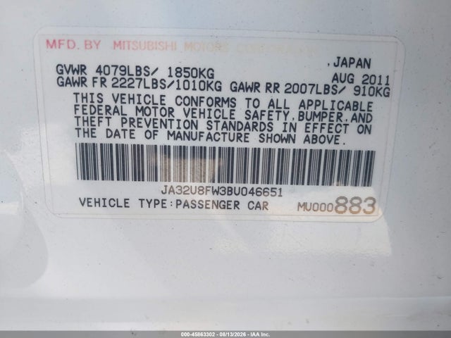 Продаж на аукціоні авто 2011 Mitsubishi Lancer Gts, vin: JA32U8FW3BU046651, номер лоту: 45863302