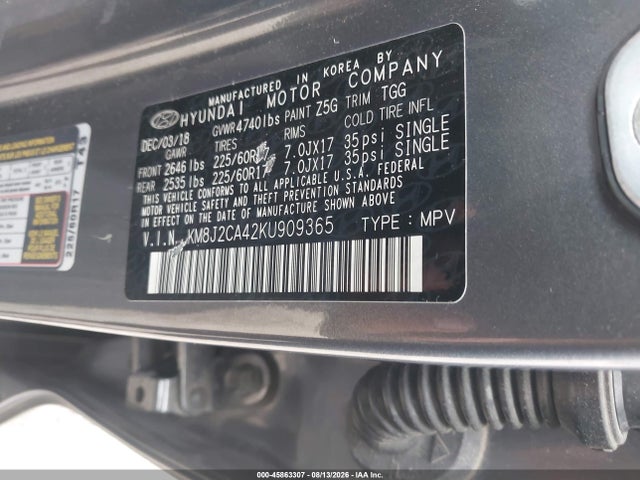 Продажа на аукционе авто 2019 Hyundai Tucson Se, vin: KM8J2CA42KU909365, номер лота: 45863307