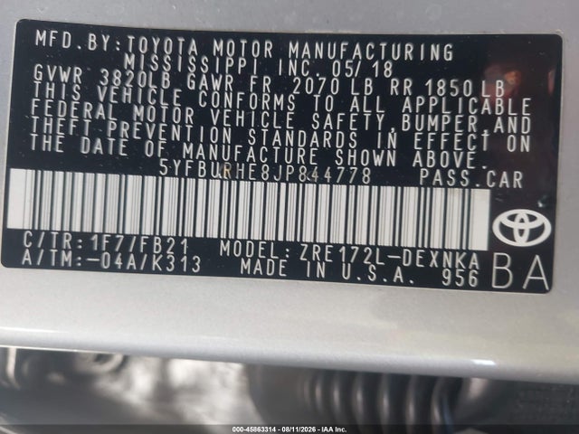 Toyota COROLLA LE 2018 5YFBURHE8JP844778 Image 9
