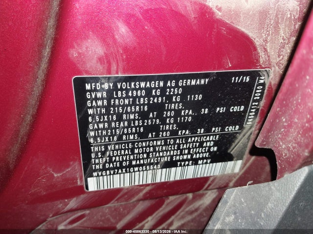 Aukcja sprzedaży 2016 Volkswagen Tiguan S, vin: WVGBV7AX1GW055543, numer aukcji: 45863330