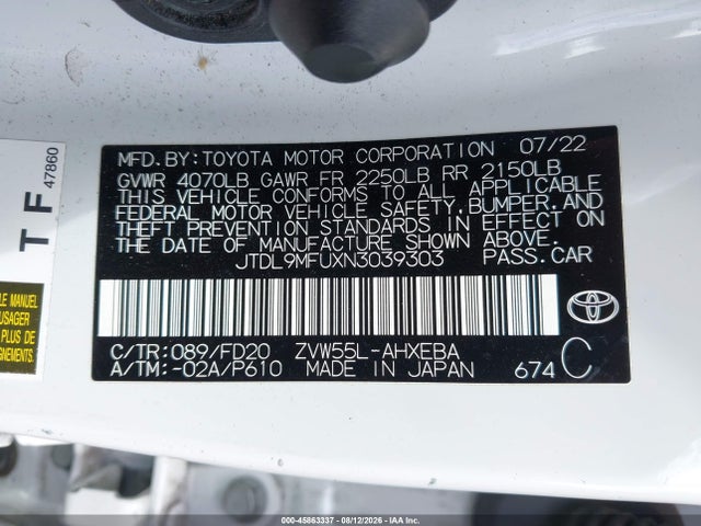 2022 Toyota Prius Le Awd-e მანქანა იყიდება აუქციონზე, vin: JTDL9MFUXN3039303, აუქციონის ნომერი: 45863337