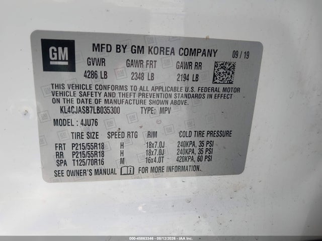 Aukcja sprzedaży 2020 Buick Encore Fwd Preferred, vin: KL4CJASB7LB035300, numer aukcji: 45863346