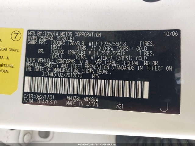 Aukcja sprzedaży 2007 Lexus Rx 400h, vin: JTJHW31U272012070, numer aukcji: 45863351