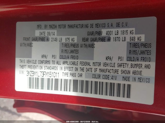 Aukcja sprzedaży 2015 Mazda Mazda3 I Touring, vin: 3MZBM1L73FM151011, numer aukcji: 45863360