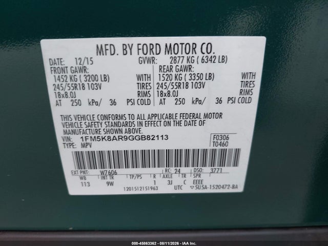 2016 Ford Utility Police Interceptor მანქანა იყიდება აუქციონზე, vin: 1FM5K8AR9GGB82113, აუქციონის ნომერი: 45863362