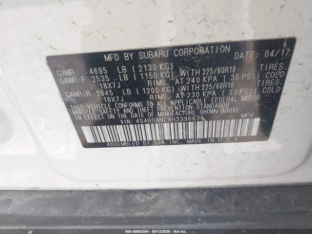 Aukcja sprzedaży 2017 Subaru Outback 2.5i Limited, vin: 4S4BSANC9H3396625, numer aukcji: 45863364