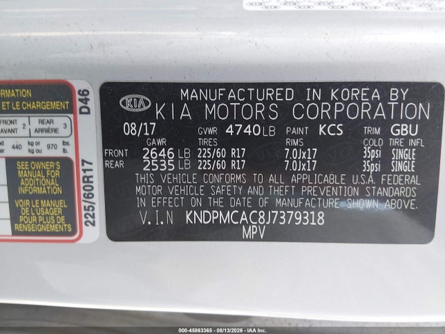 Aukcja sprzedaży 2018 Kia Sportage Lx, vin: KNDPMCAC8J7379318, numer aukcji: 45863365