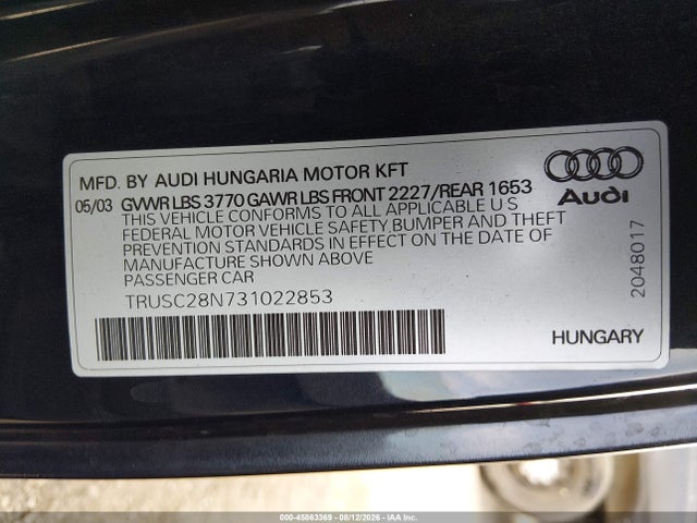 Aukcja sprzedaży 2003 Audi Tt 1.8l, vin: TRUSC28N731022853, numer aukcji: 45863369