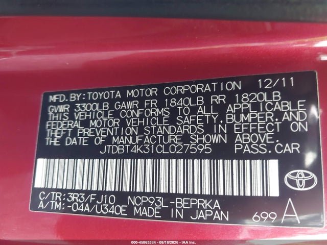 Продажа на аукционе авто 2012 Toyota Yaris, vin: JTDBT4K31CL027595, номер лота: 45863384