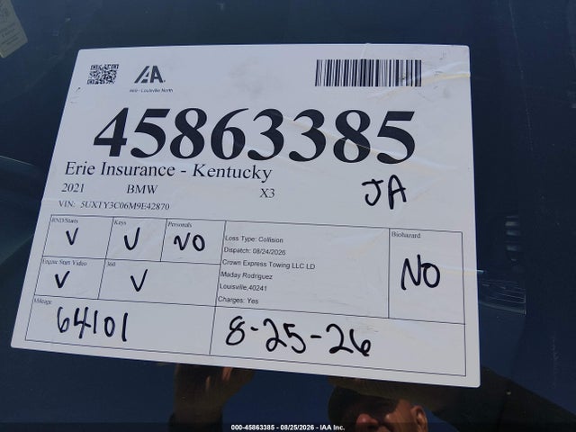 2021 Bmw X3 Sdrive30i მანქანა იყიდება აუქციონზე, vin: 5UXTY3C06M9E42870, აუქციონის ნომერი: 45863385