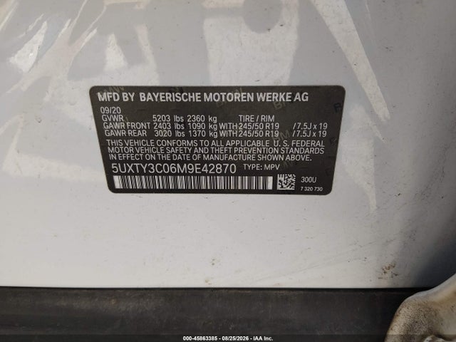2021 Bmw X3 Sdrive30i მანქანა იყიდება აუქციონზე, vin: 5UXTY3C06M9E42870, აუქციონის ნომერი: 45863385