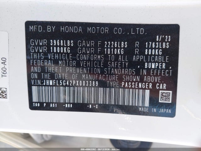 45863392 :رقم المزاد ، JHMFL5G42PX003389 vin ، 2023 Honda Civic Type R Touring مزاد بيع