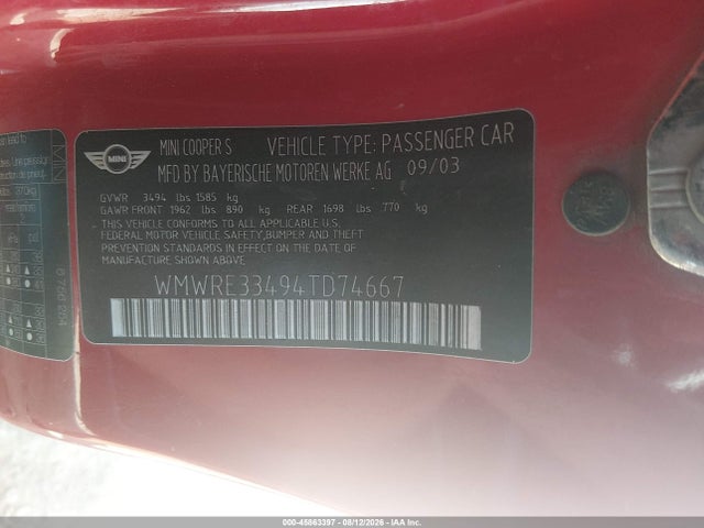 Aukcja sprzedaży 2004 Mini Cooper S, vin: WMWRE33494TD74667, numer aukcji: 45863397