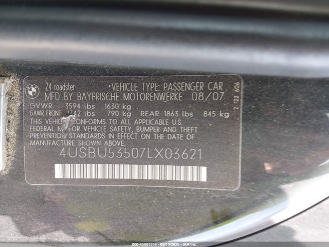 Aukcja sprzedaży 2007 Bmw Z4 3.0si, vin: 4USBU53507LX03621, numer aukcji: 45863398