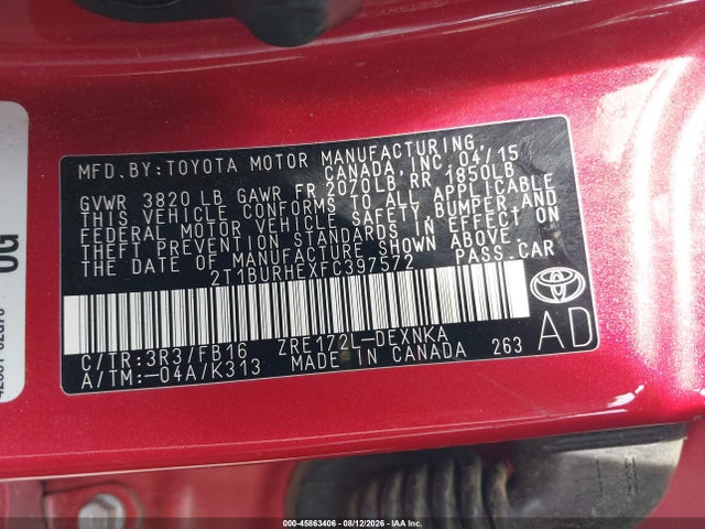 45863406 :رقم المزاد ، 2T1BURHEXFC397572 vin ، 2015 Toyota Corolla Le مزاد بيع