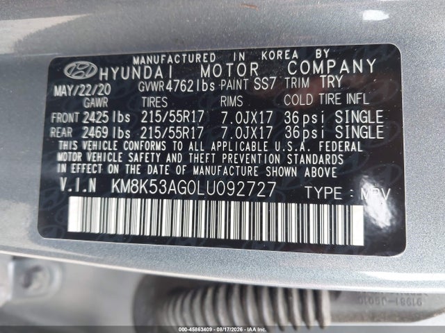 45863409 :رقم المزاد ، KM8K53AG0LU092727 vin ، 2020 Hyundai Kona Electric Ultimate مزاد بيع