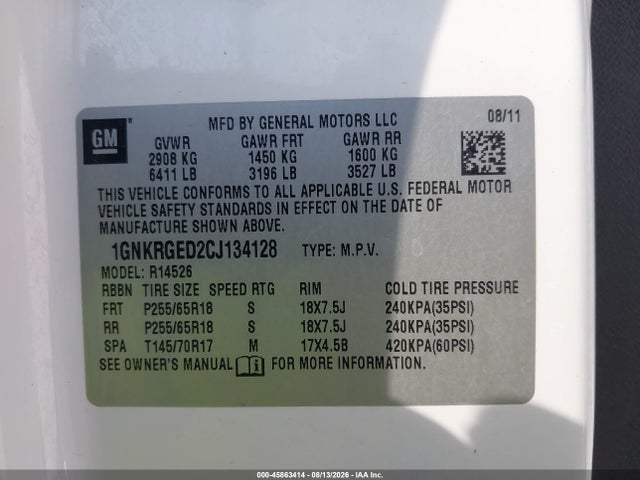 Продажа на аукционе авто 2012 Chevrolet Traverse Lt W/1lt, vin: 1GNKRGED2CJ134128, номер лота: 45863414