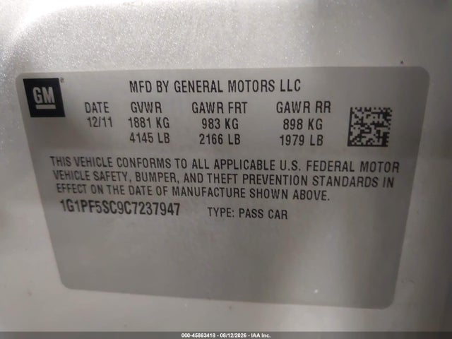 Продажа на аукционе авто 2012 Chevrolet Cruze 1lt, vin: 1G1PF5SC9C7237947, номер лота: 45863418
