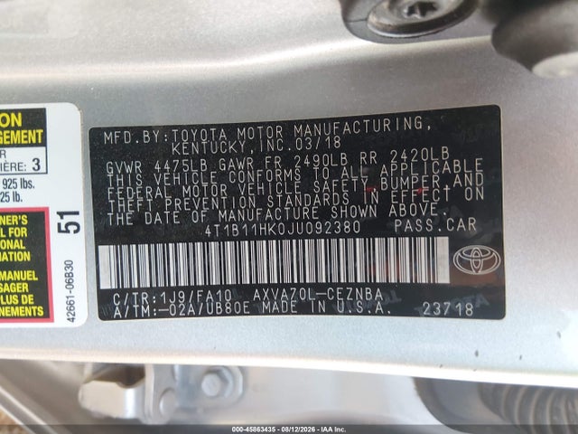4T1B11HK0JU092380 Toyota CAMRY LE