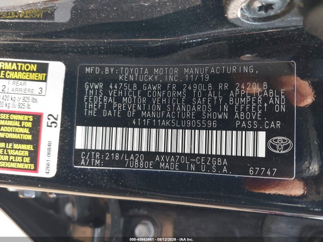 Продаж на аукціоні авто 2020 Toyota Camry Xle, vin: 4T1F11AK5LU905596, номер лоту: 45863461