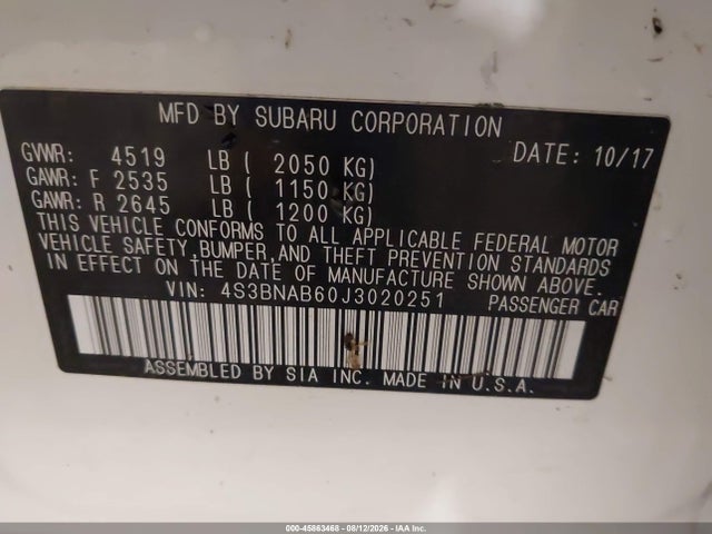 45863468 :رقم المزاد ، 4S3BNAB60J3020251 vin ، 2018 Subaru Legacy 2.5i مزاد بيع