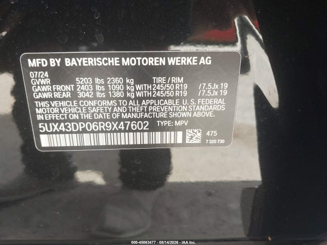 45863477 :رقم المزاد ، 5UX43DP06R9X47602 vin ، 2024 Bmw X3 Sdrive30i مزاد بيع