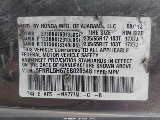 45863481 :رقم المزاد ، 5FNRL5H67EB020548 vin ، 2014 Honda Odyssey Ex-l مزاد بيع