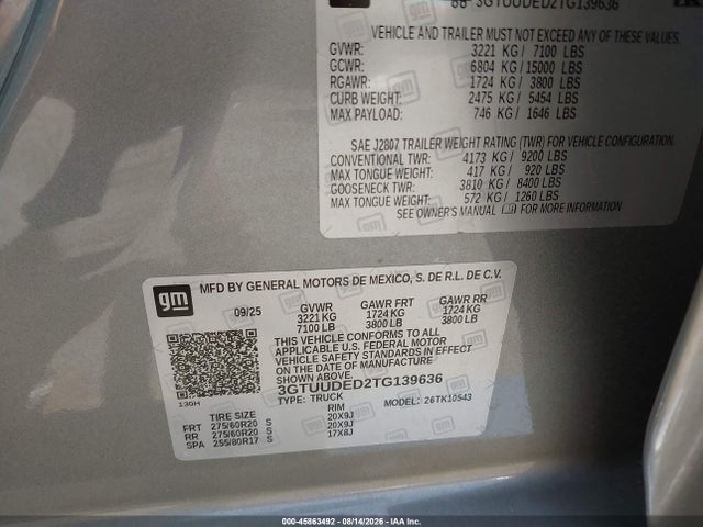 Aukcja sprzedaży 2026 Gmc Sierra 1500 , Short Bed, Slt, 4wd, vin: 3GTUUDED2TG139636, numer aukcji: 45863492